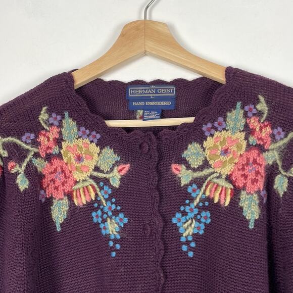 Herman Geist wool blend long sleeve button down floral embroidered sweater Large - Picture 4 of 9